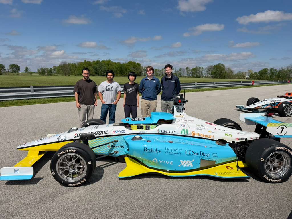 MEng capstone team with the autonomous race car at the track