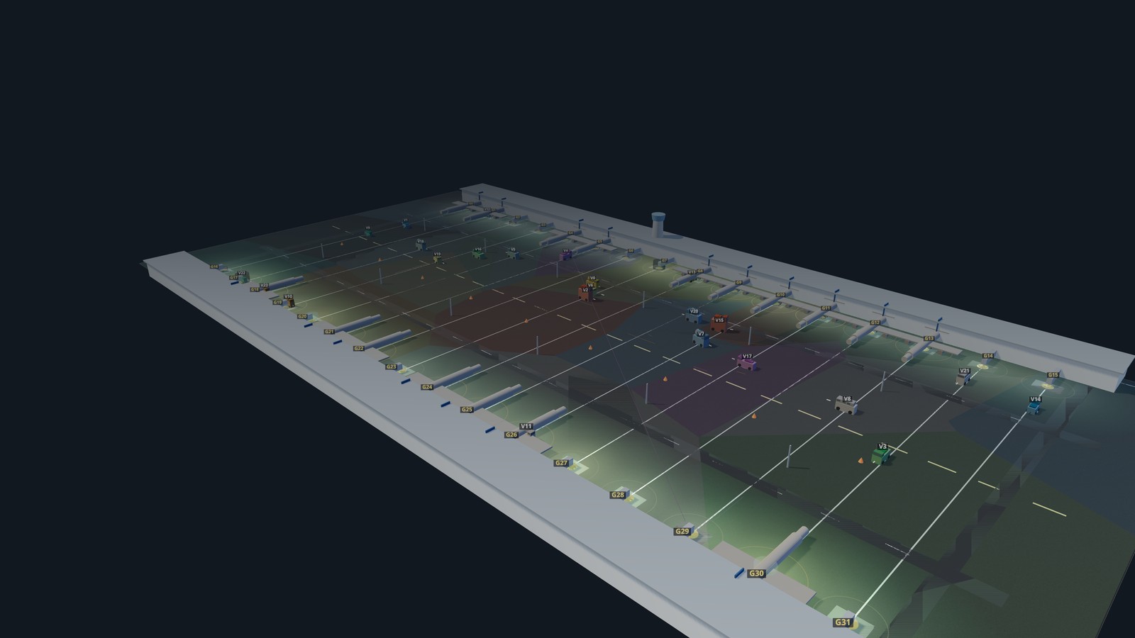 3D replay orbital view: demand-weighted Voronoi overlay highlights high-demand gate region