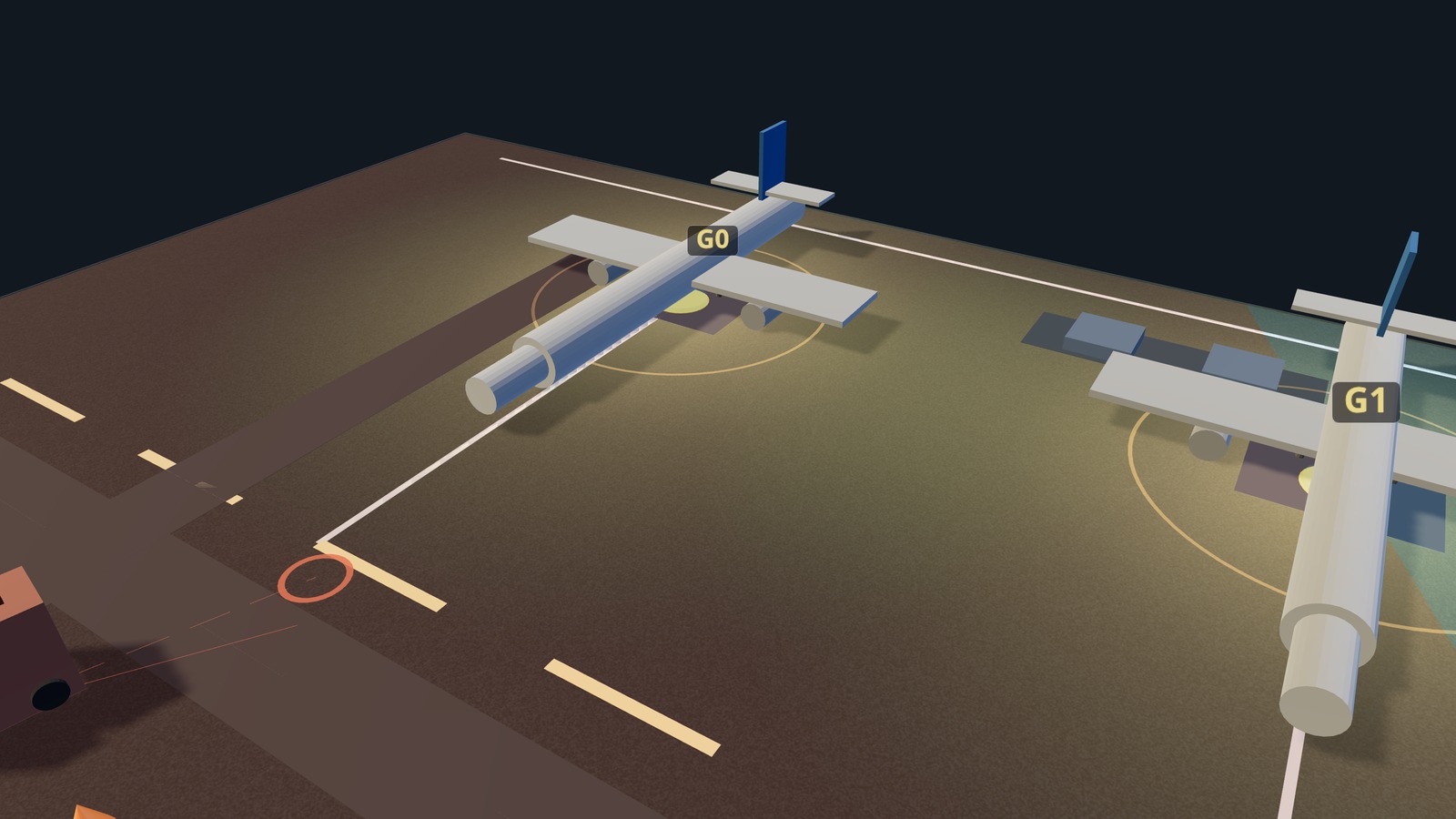 Gate-level view: circular BVC exclusion zones around parked aircraft at G0 and G1 force vehicles to service approach positions