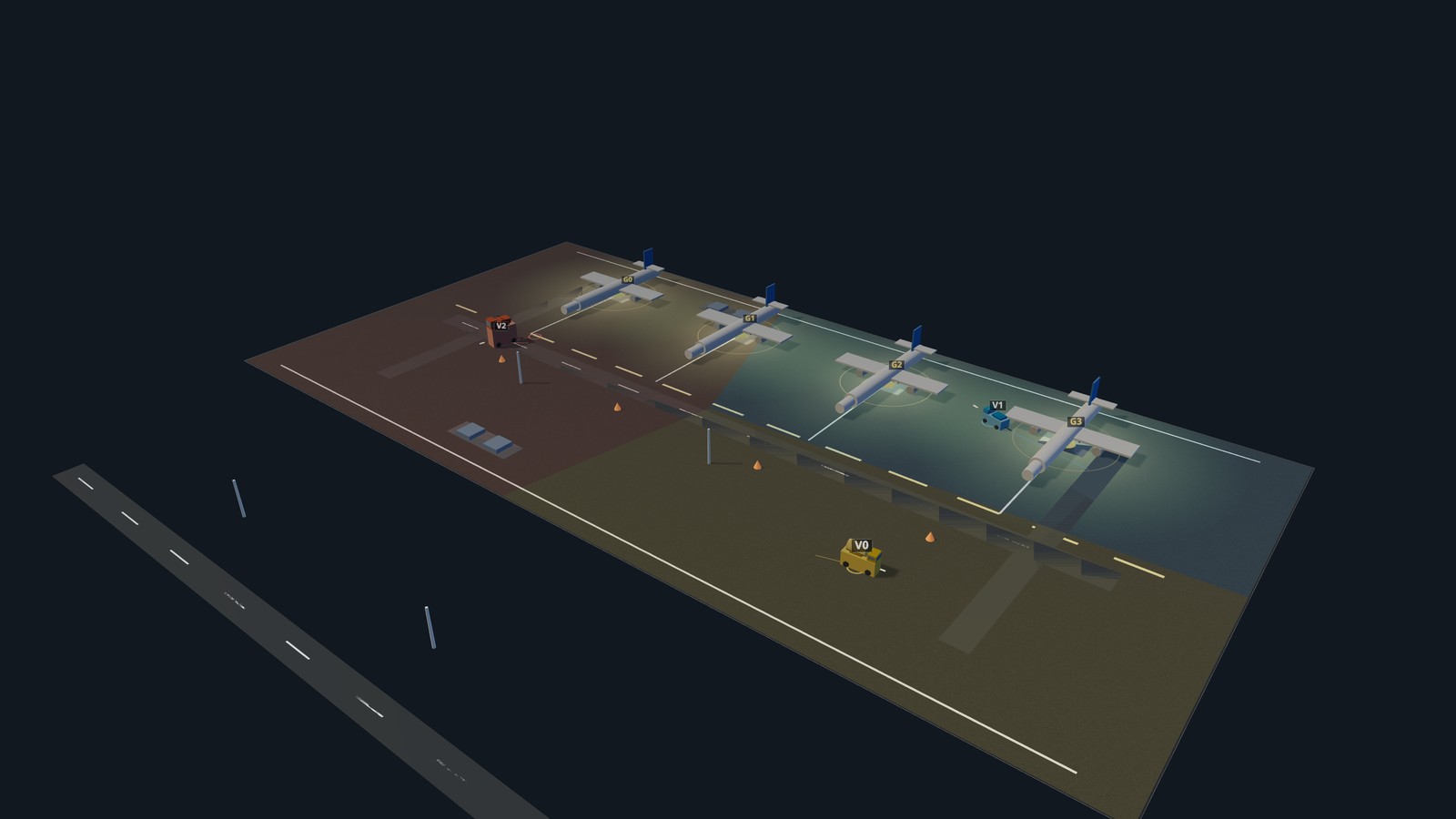 3D replay: Voronoi cells rendered as colored ground-plane polygons, updating live