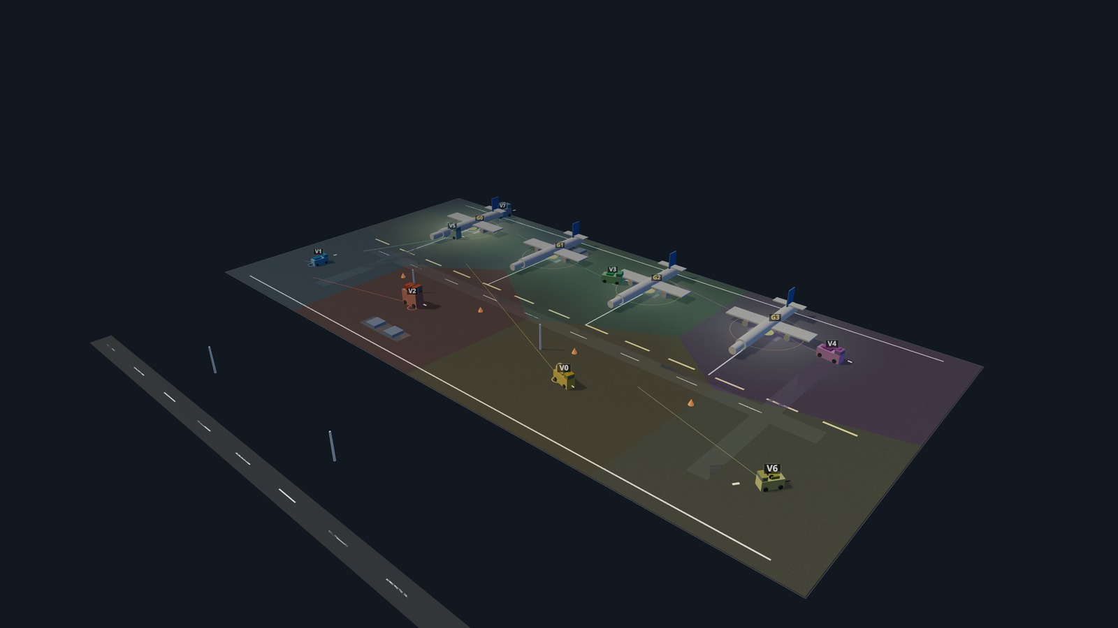 3D view of the apron mid-simulation: Voronoi demand cells as ground-plane color regions, trajectory lines connecting vehicles to centroids