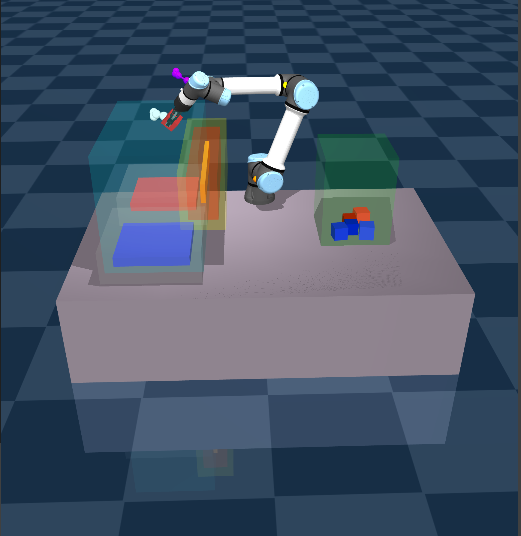 MuJoCo sim — arm carrying cube over obstacle